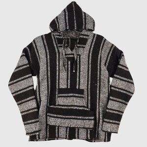 Mexican Poncho Baja Hoodie Surfer Pullover BLACK & WHITE Size L Made In Mexico